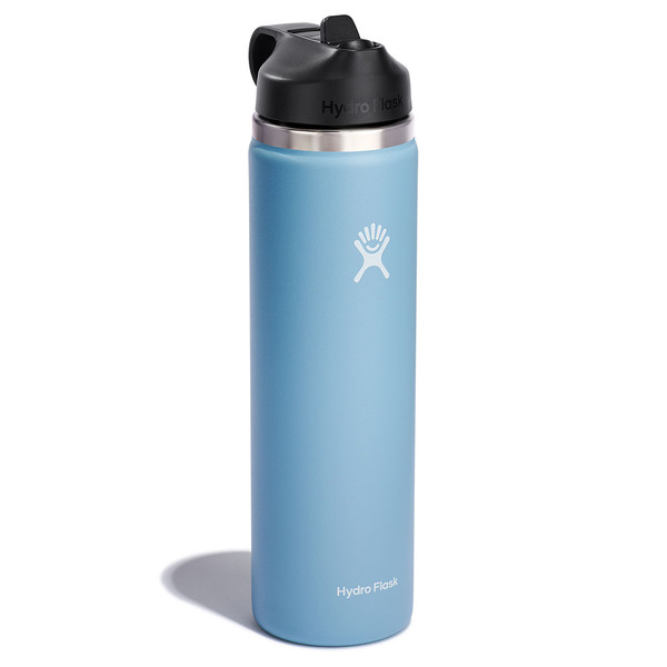 A light blue 24 ounce stainless steel Hydroflask water bottle with straw lid and handle strap.